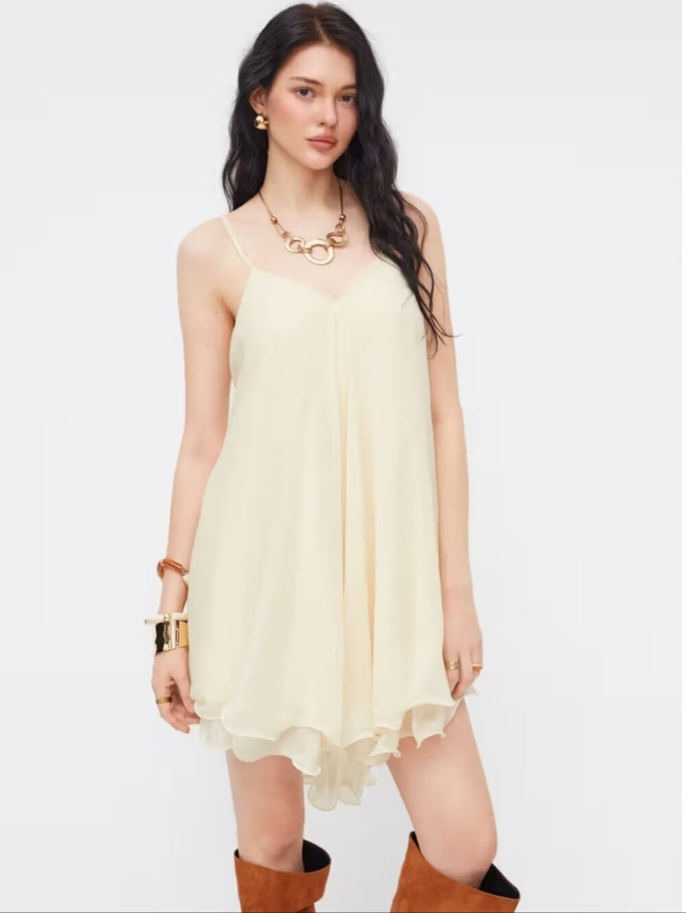 Cider Beige Chiffon V-Neck Knotted Ruffle Hem Cami Mini Dress